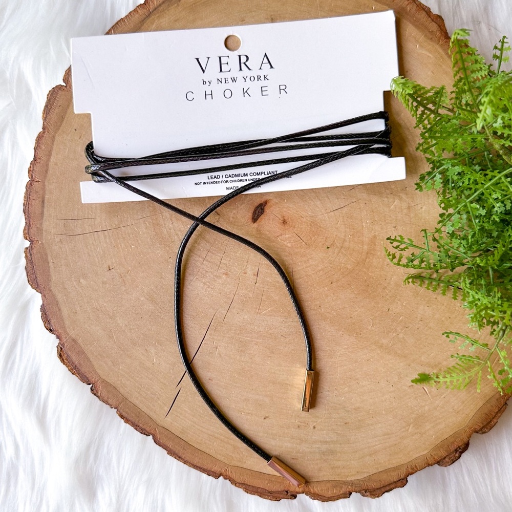 NEW Vera by New York Black & Gold Leather Cord Wrap Choker Necklace